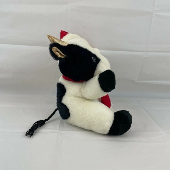 Black & White Cow 10" Plush Stuffed Animal Gold Horns Red Christmas Hat Scarf - Picture 2 of 5